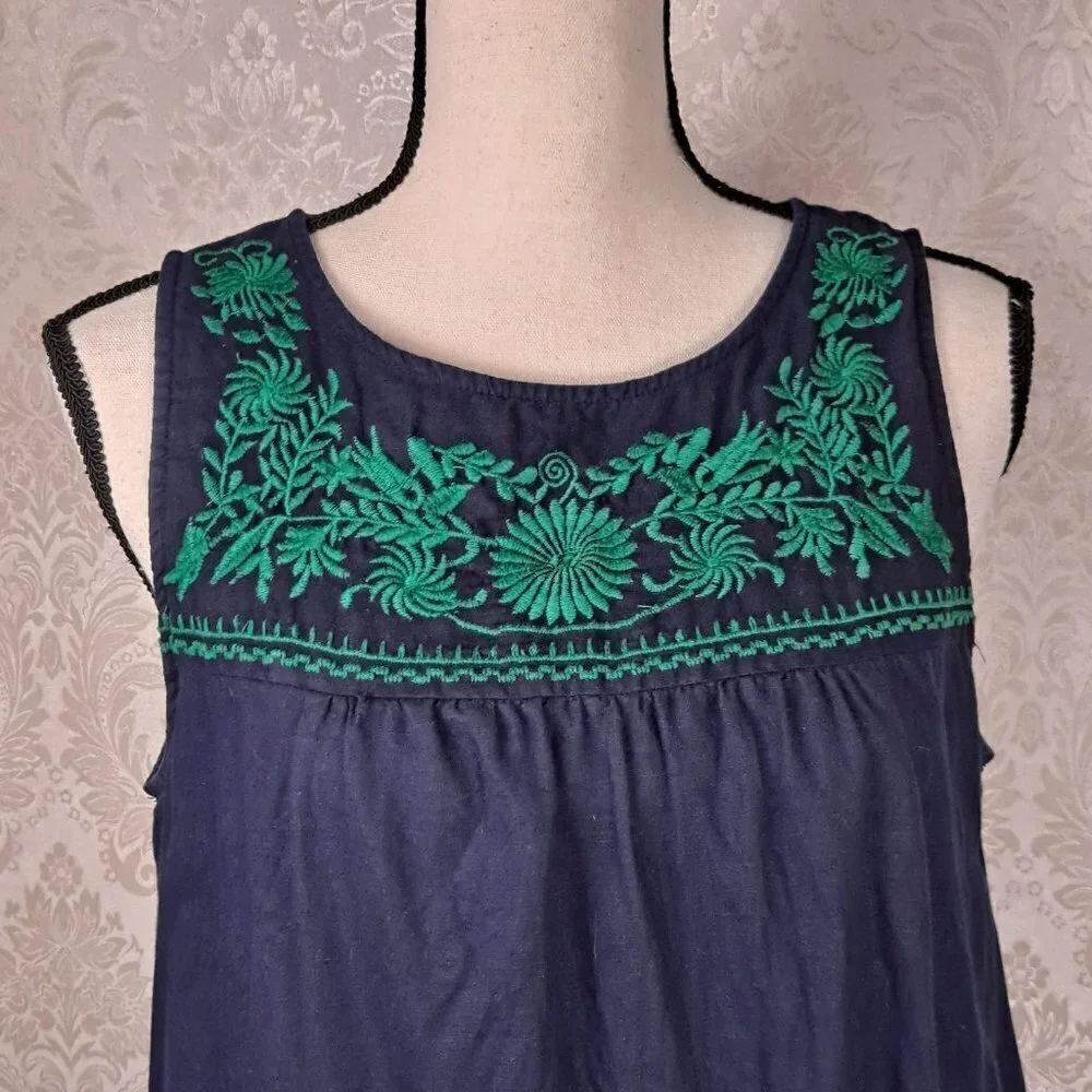 J Crew Size Medium Navy Blue Shift Dress Green Embroidery Linen/Cotton Slvls EUC
